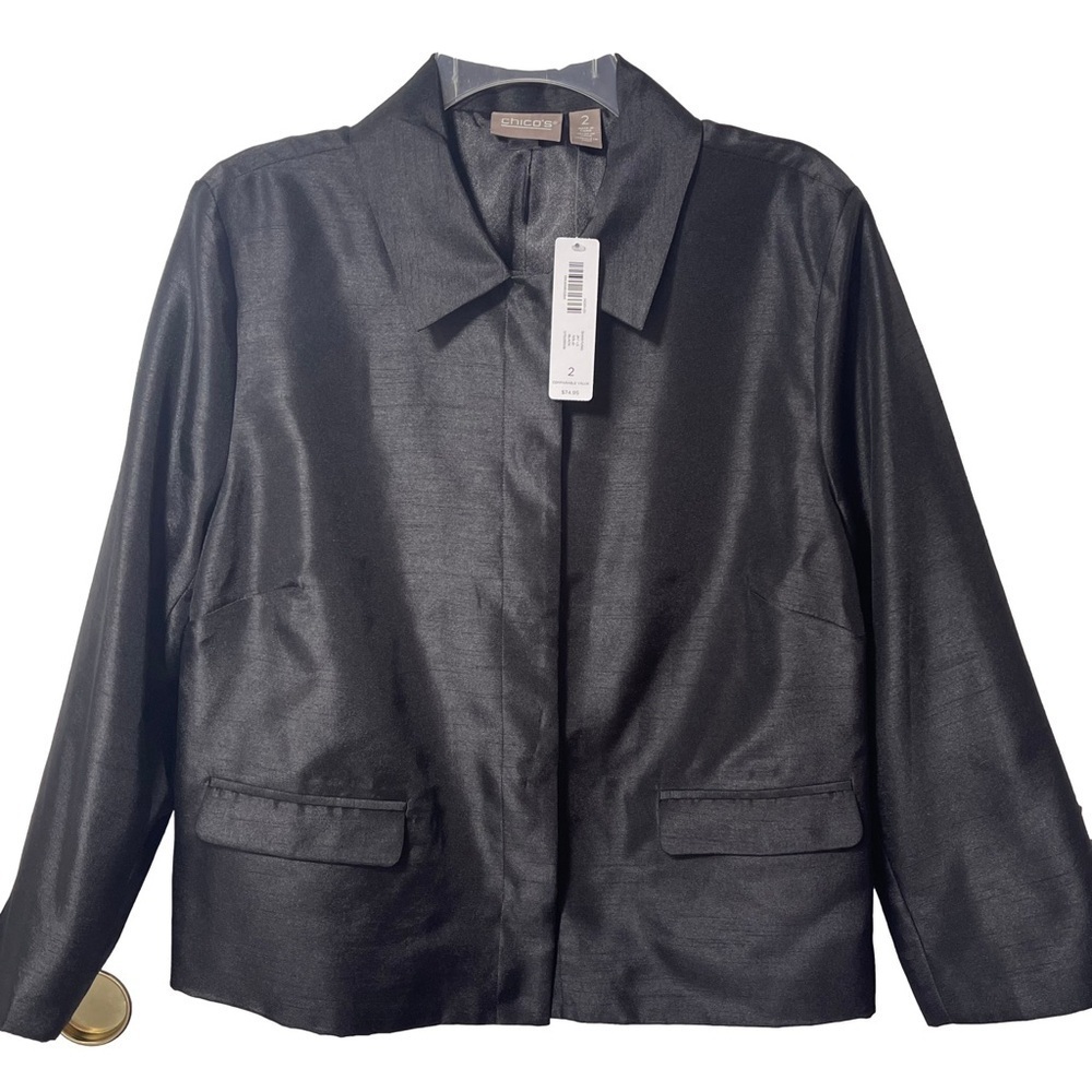 NWT Chico’s Shantung Black Satin Jacket Snap Button 3/4 Sleeve 12/14